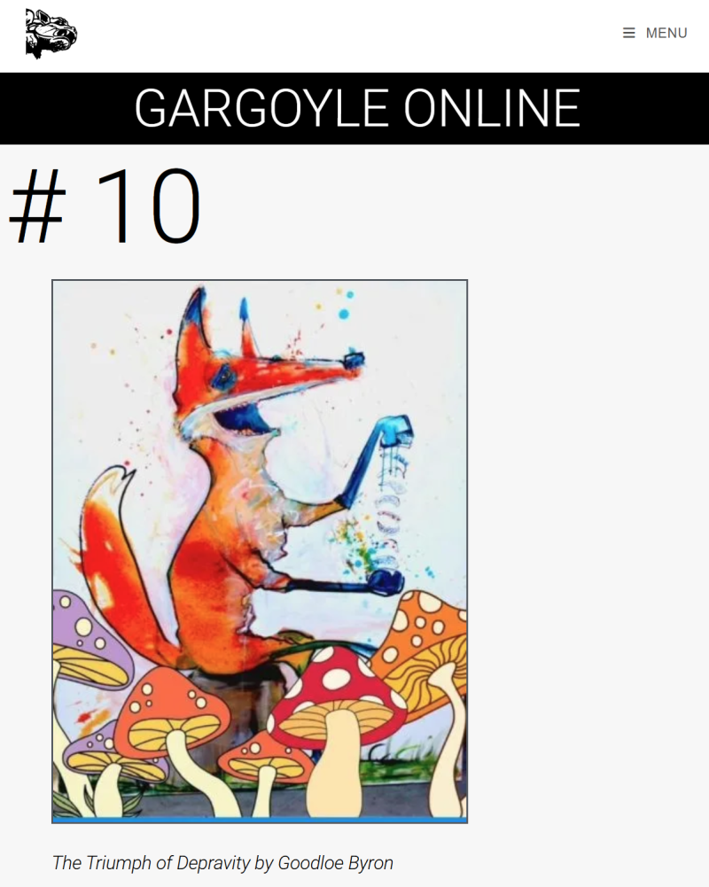 Image of the cover of Gargoyle Issue #10 featuring a fox reading a script with multiple mushrooms in the foreground.